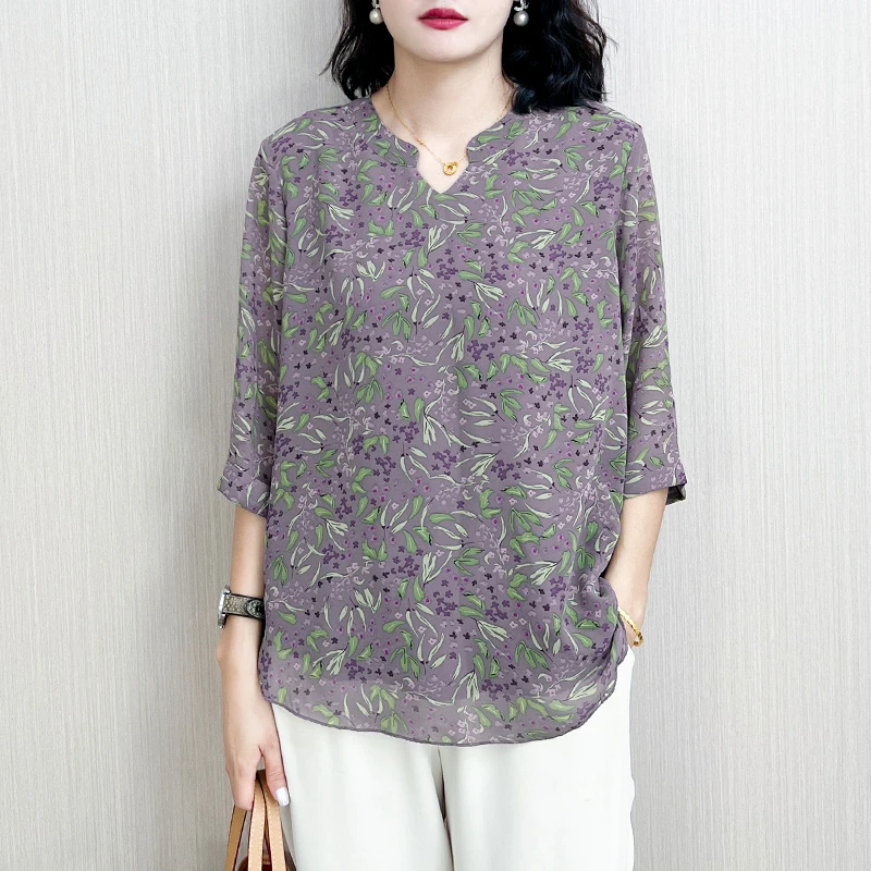 A503时尚新款半开领植物印花宽松中老年气质碎花上衣