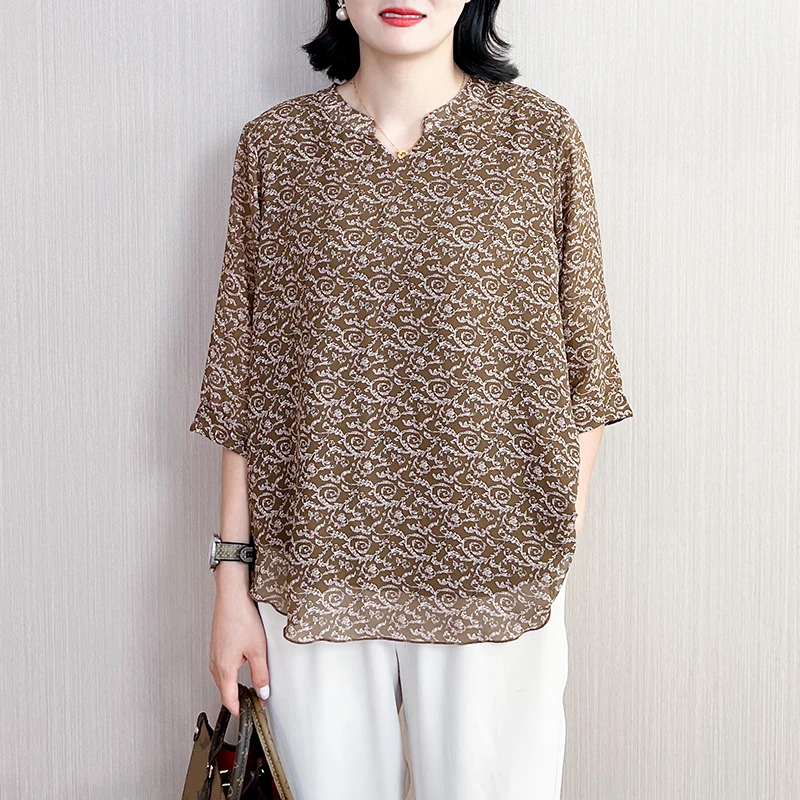 A296时尚小V领印花夏季新款宽松洋气宽松上衣