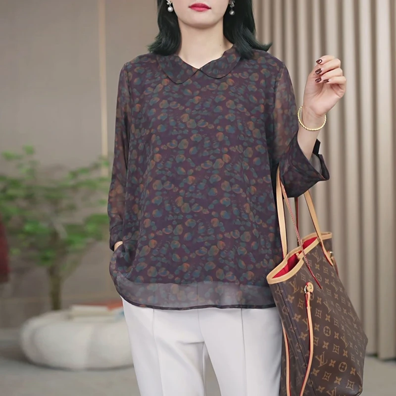 火袖8522时尚2024新款娃娃领印花宽松遮肚子显瘦妈妈装上衣女