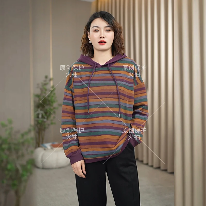 火袖F226彩色条纹连帽上衣女2024秋冬新款宽松休闲百搭长袖卫衣