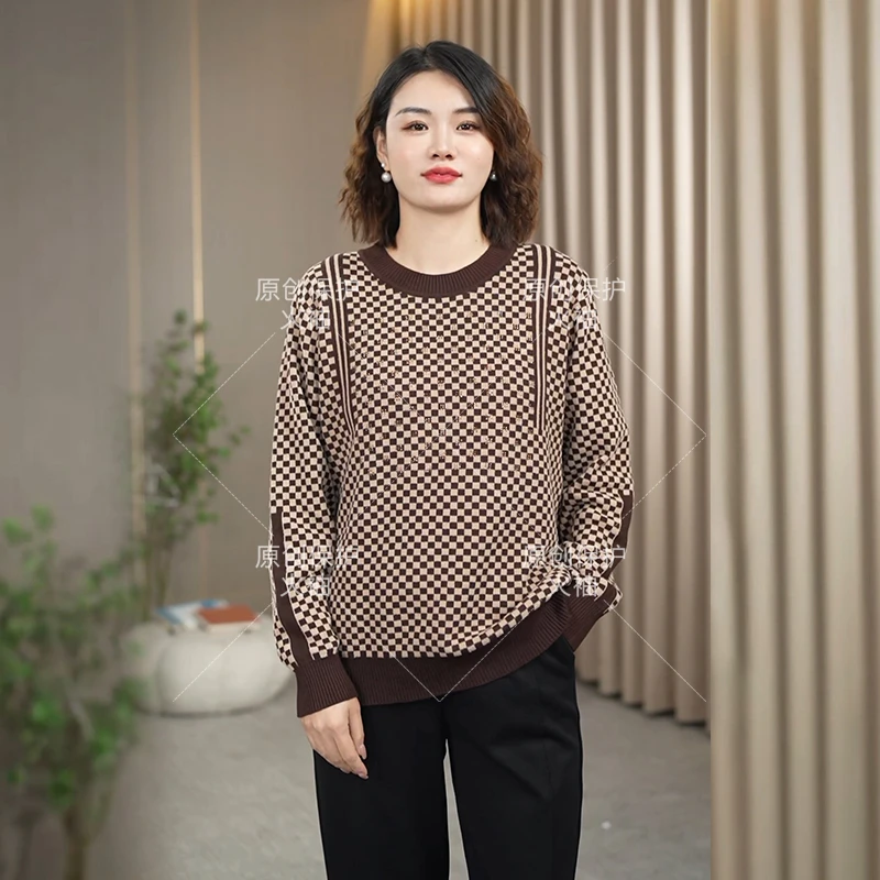 火袖F256简约棋盘格圆领上衣女2024秋冬新款宽松保暖长袖打底毛衣