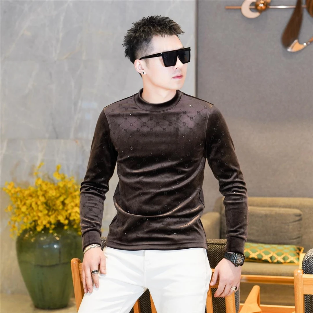 高类男士2024秋冬厚款保暖帅气咖色丝绒烫钻圆领打底衫T恤GL5822