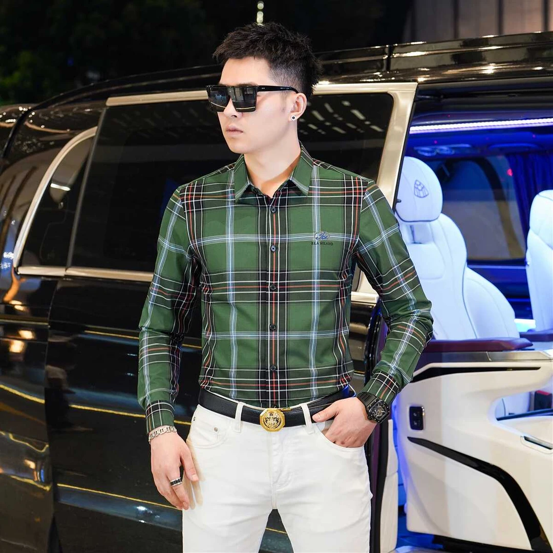 高类男士秋季撞色设计绿色格纹长袖衬衫潮流时尚格子衬衣潮GL2185