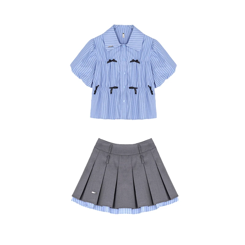【加加不加班】设计感小众蝴蝶结条纹翻领衬衫女夏季衬衣半身裙L137