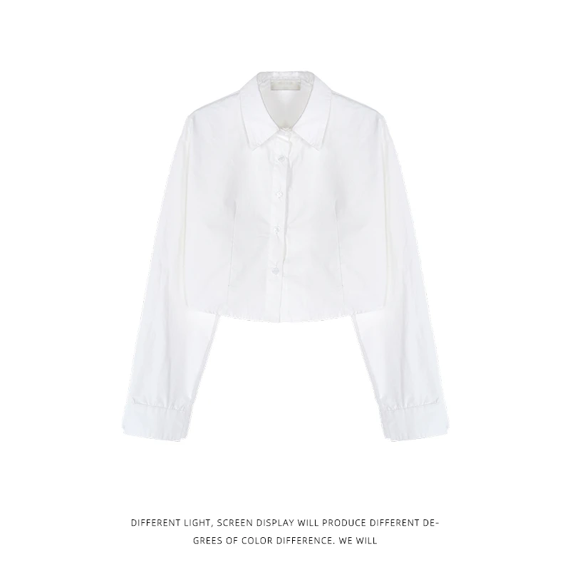 南一梦秋季百搭白色翻领长袖衬衫女内搭短款衬衣Y3288
