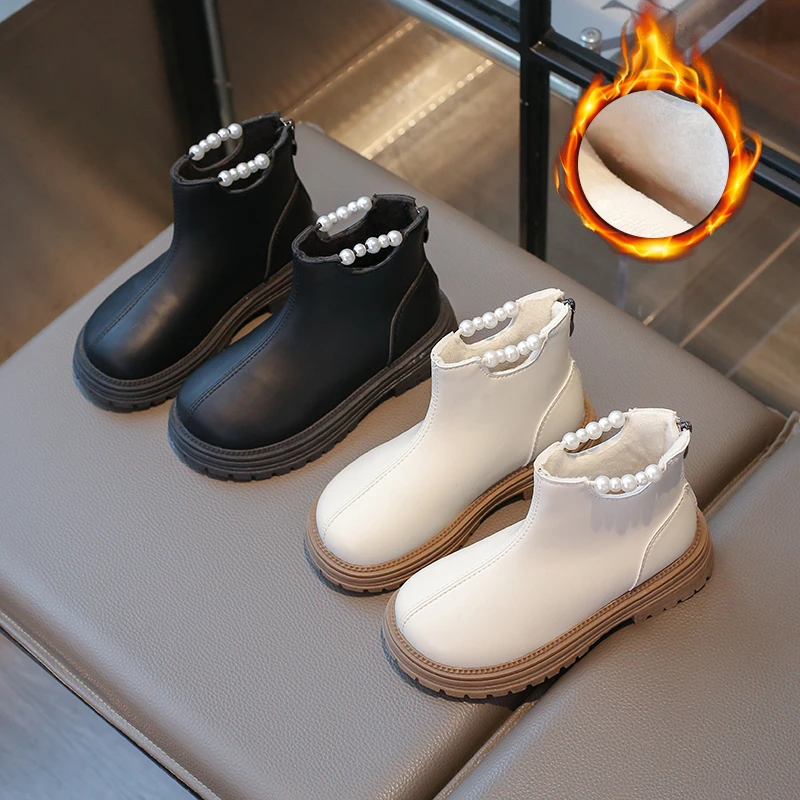 女童时尚马丁靴秋冬加绒新款保暖皮靴儿童珍珠短靴女孩英伦风皮靴