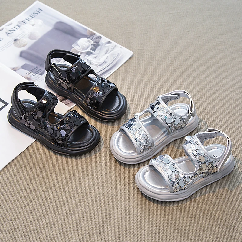 女童凉鞋百搭2025夏季潮款小女孩亮片软底公主鞋中大童防滑沙滩鞋