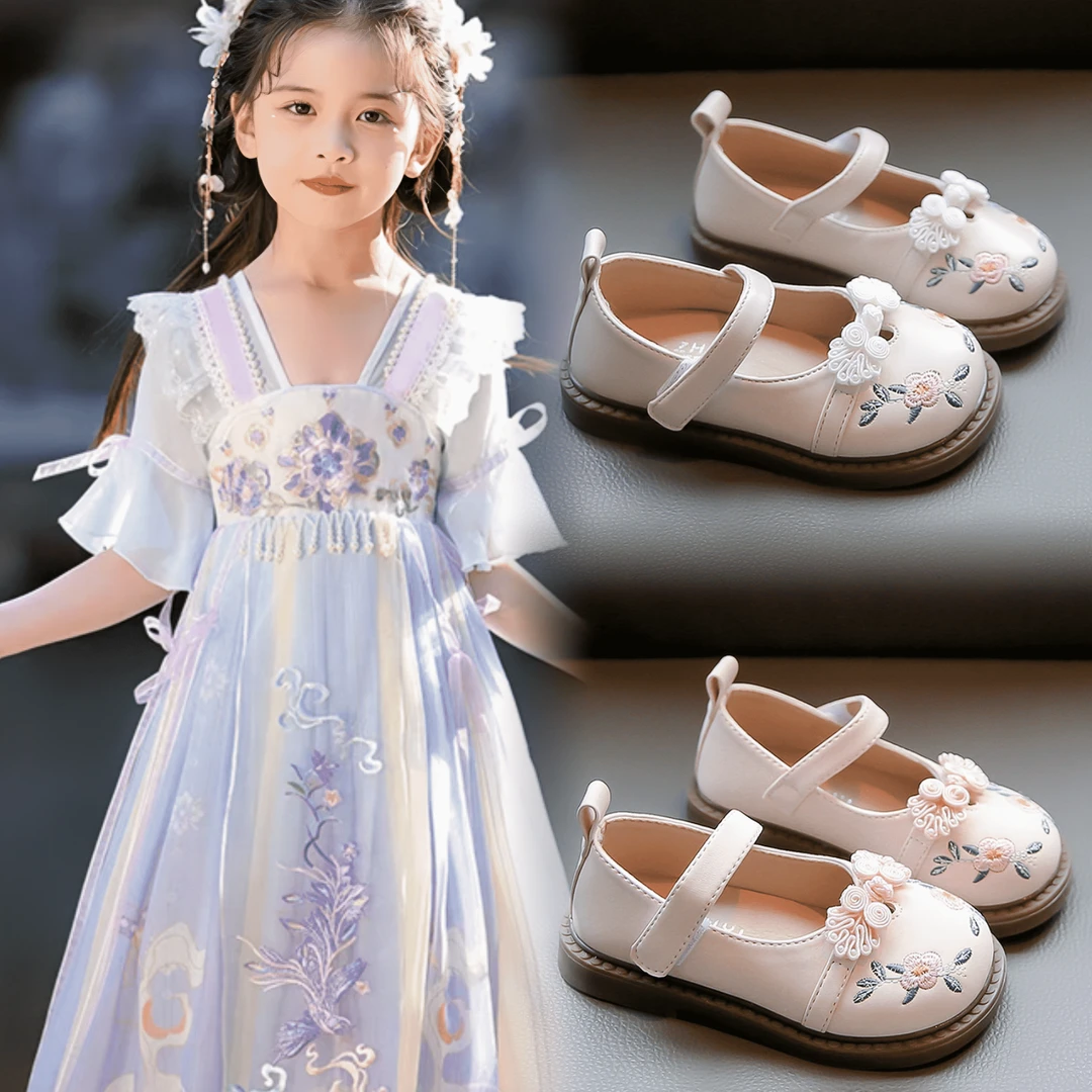 女童汉服鞋2024春夏新款甜美软底绣花鞋小女孩百搭小皮鞋公主单鞋