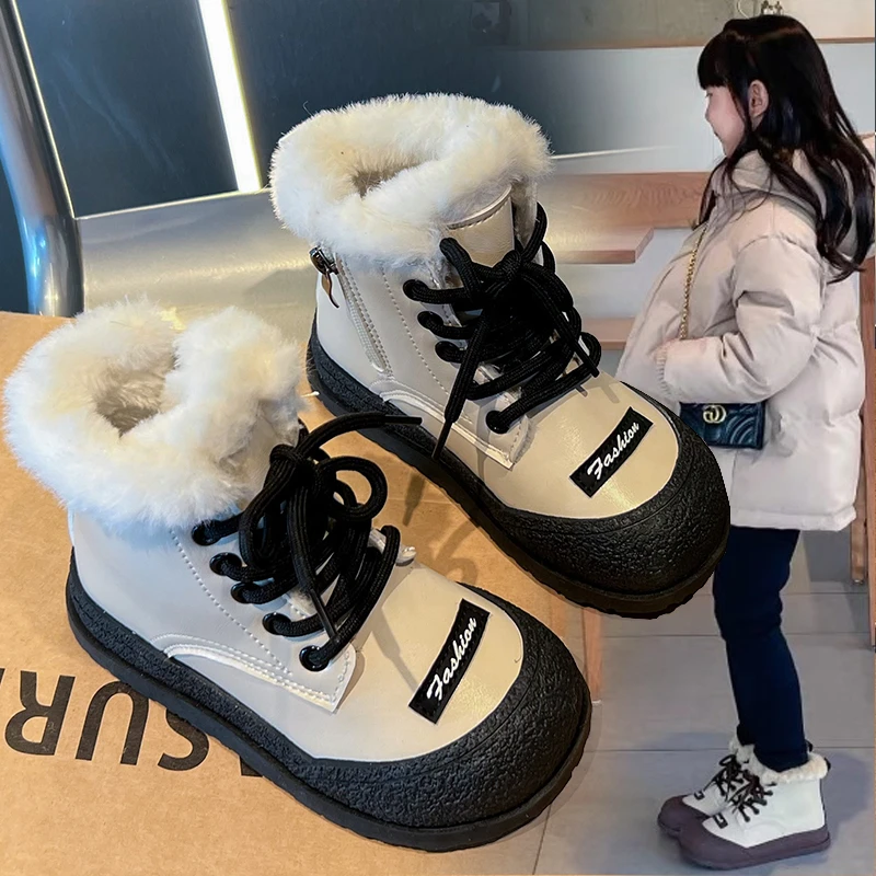 女童雪地靴2024年冬季加绒加厚防水皮靴女孩马丁靴中大童洋气短靴