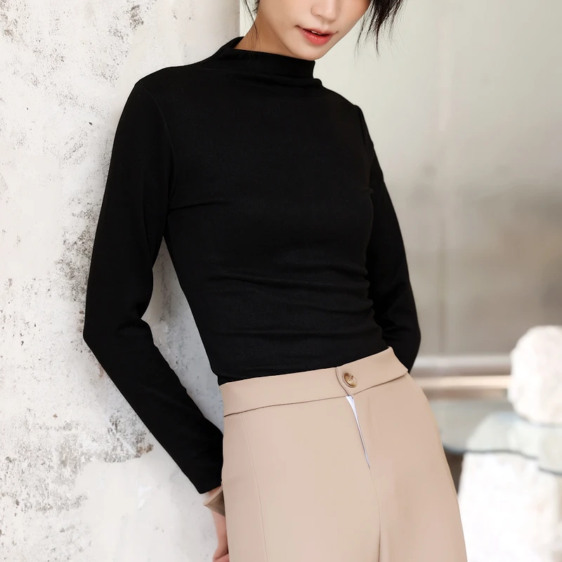 半高领德绒打底衫女士春季新款纯色时尚修身百搭弹力套头保暖长袖