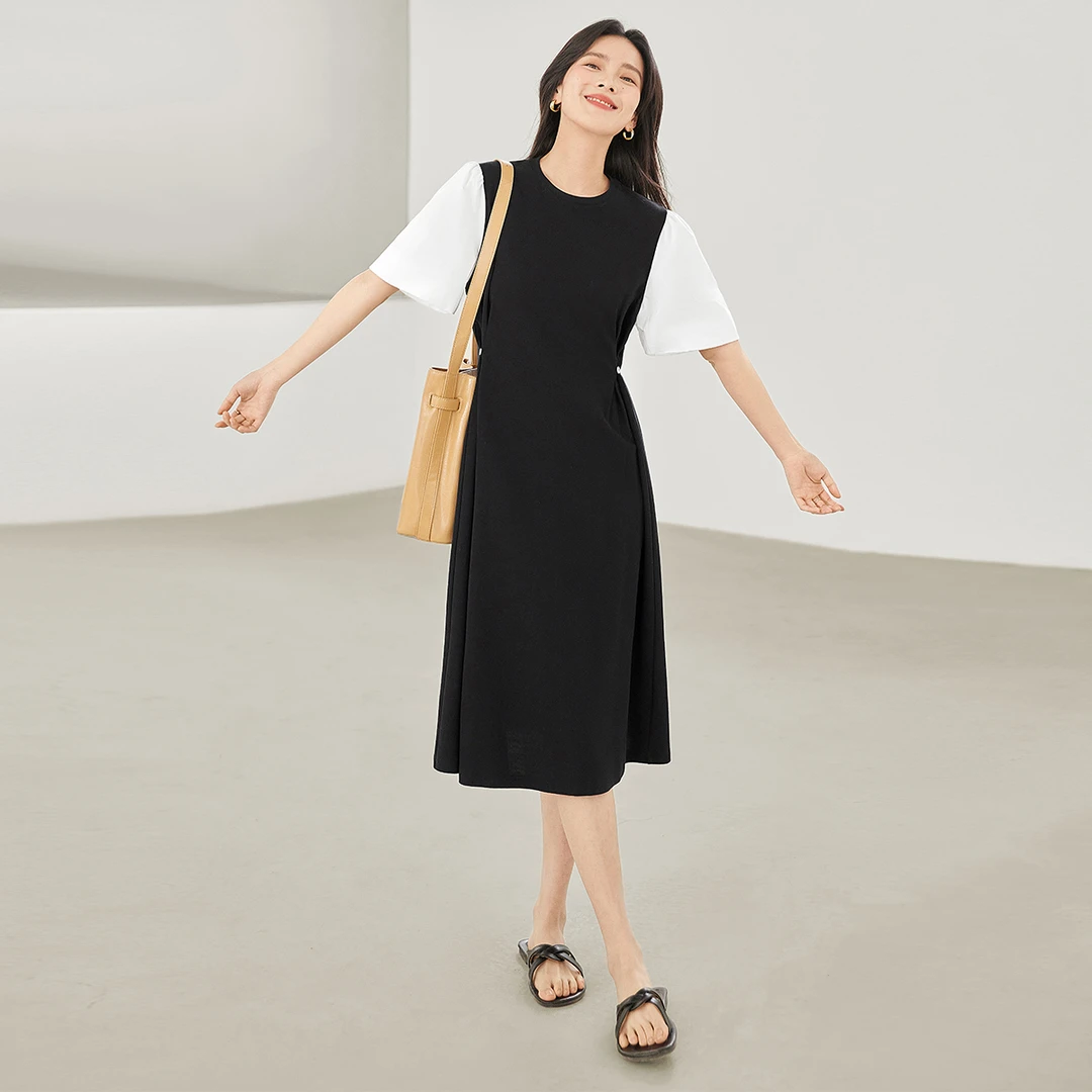 对白浪漫复古拼接连衣裙女2024夏季新款花苞袖裙DBDY-EDQ031