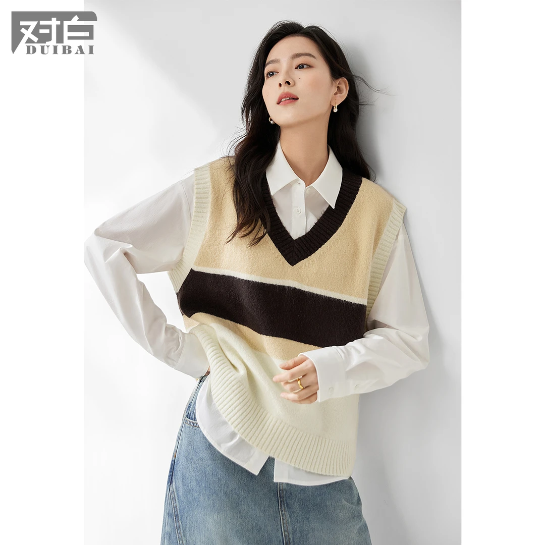 对白时髦渐变撞色针织上衣女新款圆领小众宽松马甲EDB001