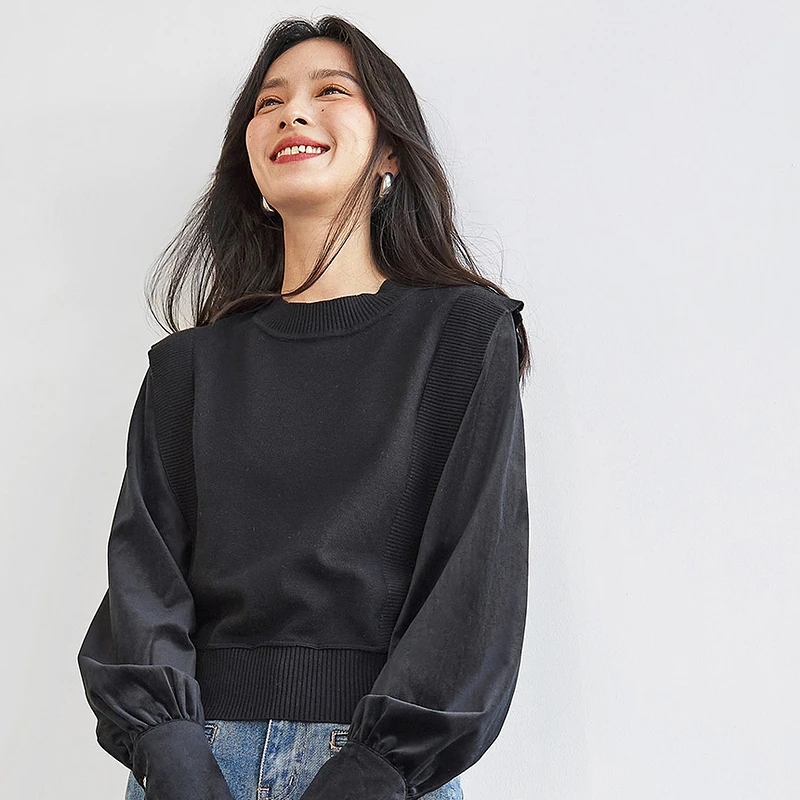 对白法式别致毛衣女秋冬新款活页设计感丝绒拼接百搭DYZB-CDE109