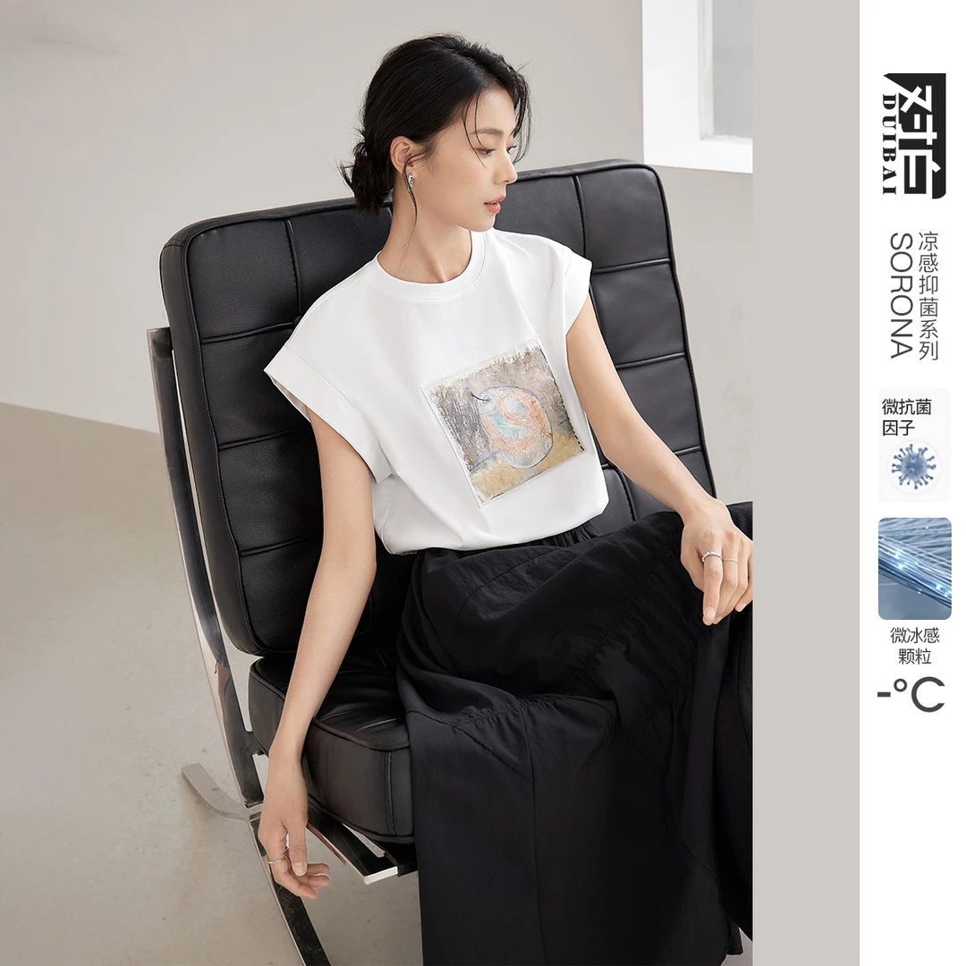 对白X凯伊莱文联名凉感抗菌短袖T恤女夏季印花宽松DBDY-EDT075