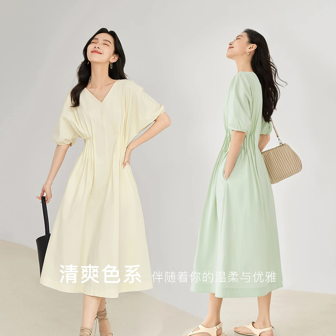 对白法式纯棉V领连衣裙女夏2024新款简约优雅设DBDY-DDQ109