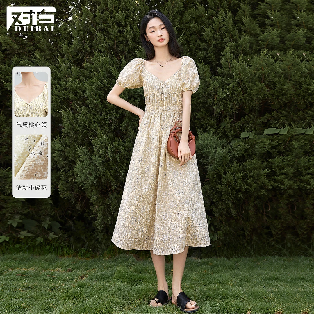 对白法式茶歇碎花连衣裙女夏季2024新款泡泡袖心DBDY-EDQ252