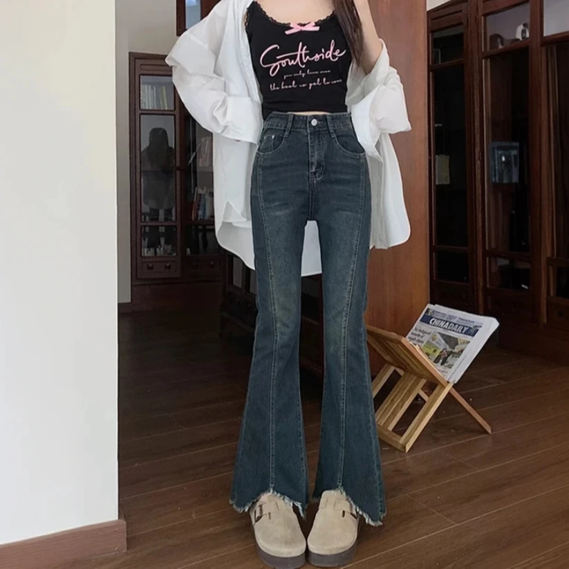 微喇窄版秋季新款牛仔裤女毛边设计感修身显瘦高腰遮跨喇叭裤