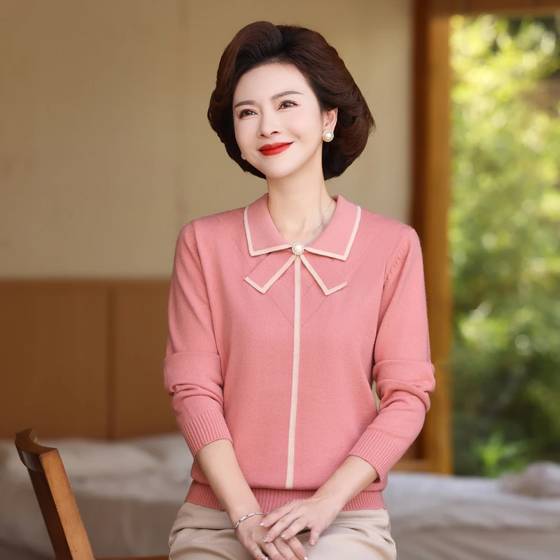 妈妈气质针织衫2024秋装新款中年小衫中老年春秋内搭打底上衣2462