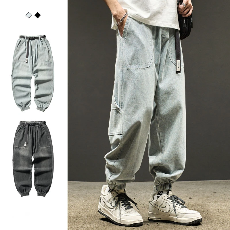 潮牌男生牛仔裤薄款束脚工装裤美式宽松直筒休闲青少年裤子潮