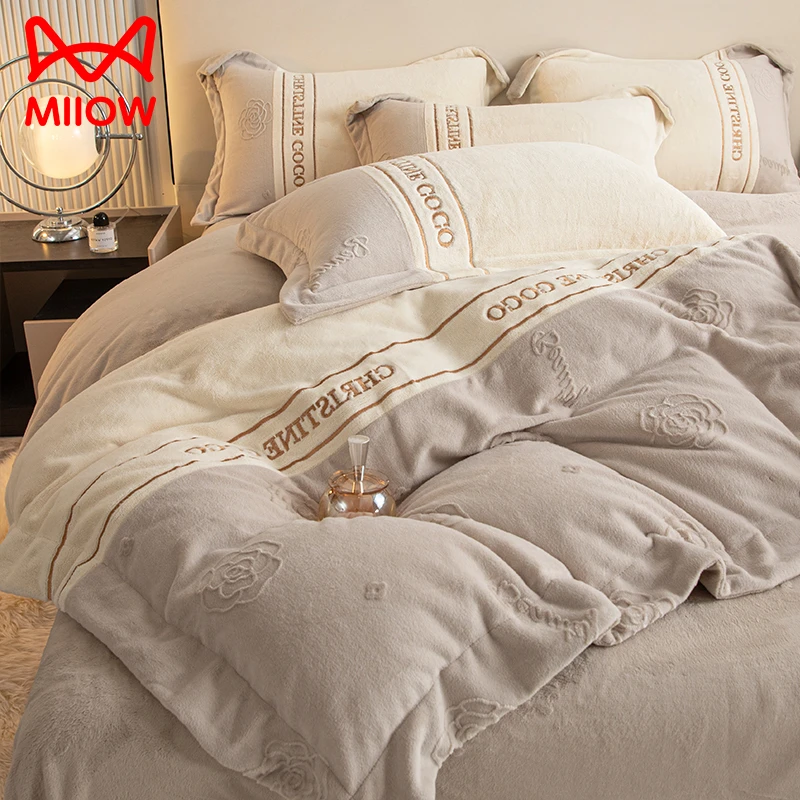 猫人雕花牛奶绒床上四件套冬季双面加厚保暖珊瑚法兰绒床单三件套