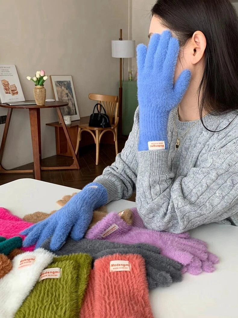 韩版新款蓝色毛绒可爱针织手套女学生秋冬骑行保暖防寒分指可触屏