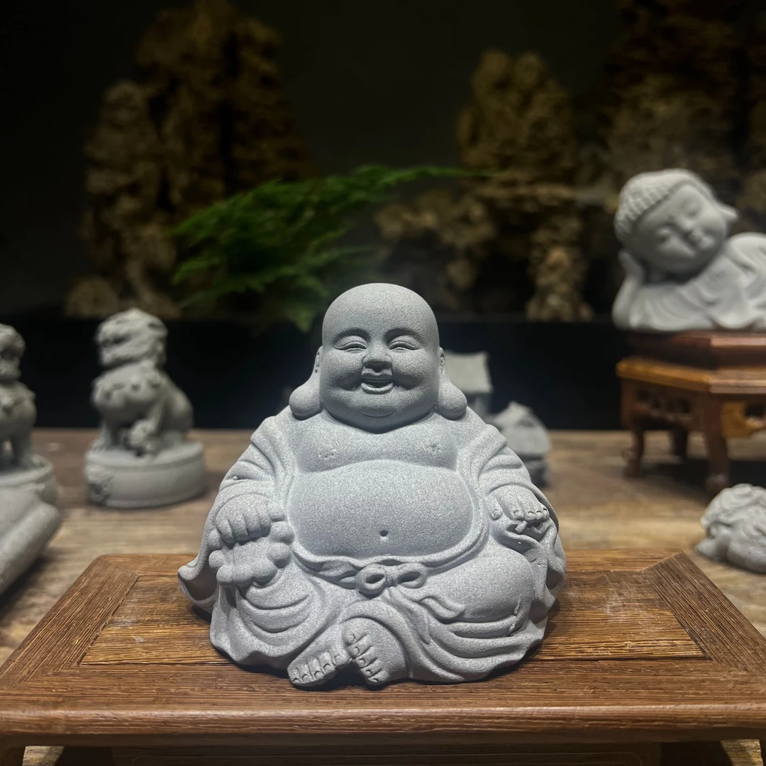 新中式复古风格青沙石大肚弥勒佛桌面鱼缸茶桌微景观茶宠摆件
