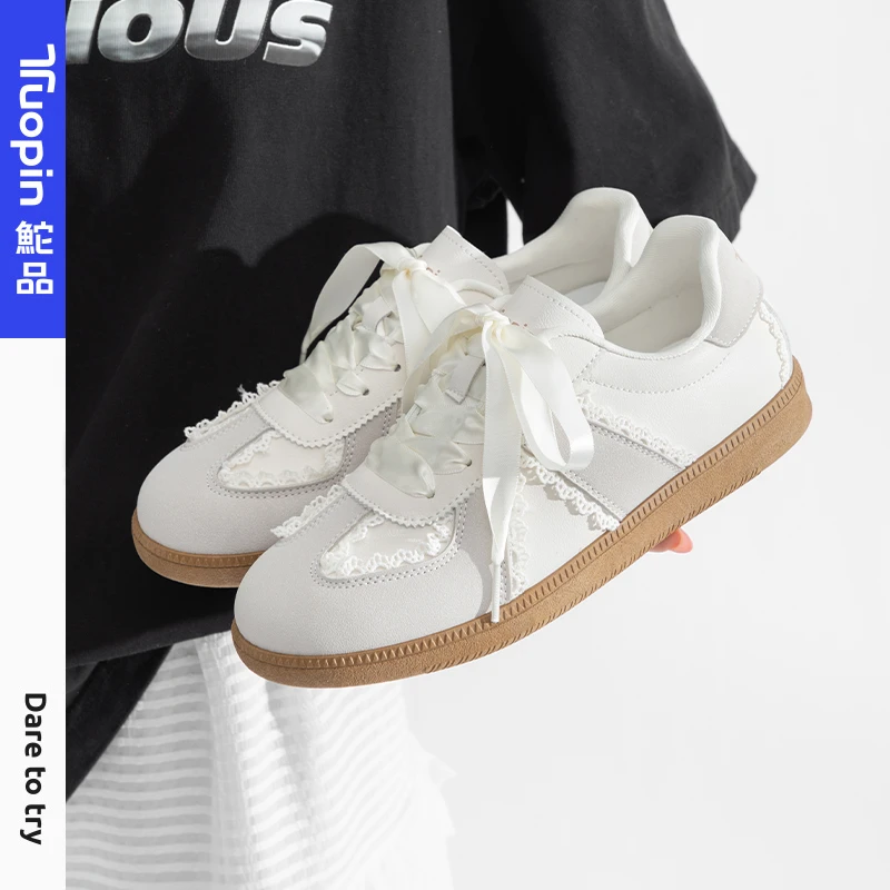 鮀品阿甘鞋蕾丝德训鞋女2024冬冬季新款平底休闲透气板鞋运动单鞋