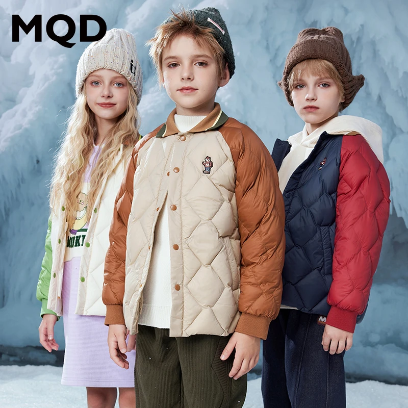 MQD童装儿童冬季新款时尚撞色菱格翻领羽绒服休闲外套9634W1355