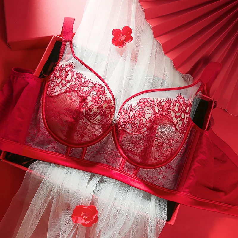 内衣红色结婚新娘大胸显小薄款有钢圈防下垂蛇年本命年文胸一整套