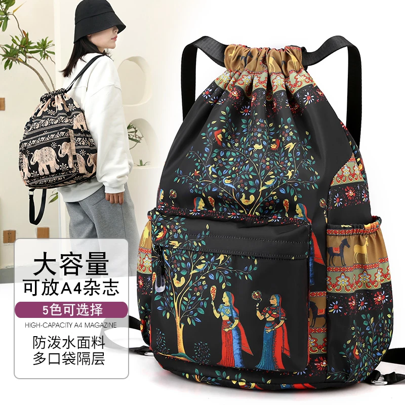 轻便休闲束口袋双肩包防水尼龙牛津布抽绳背包印花旅行包2207
