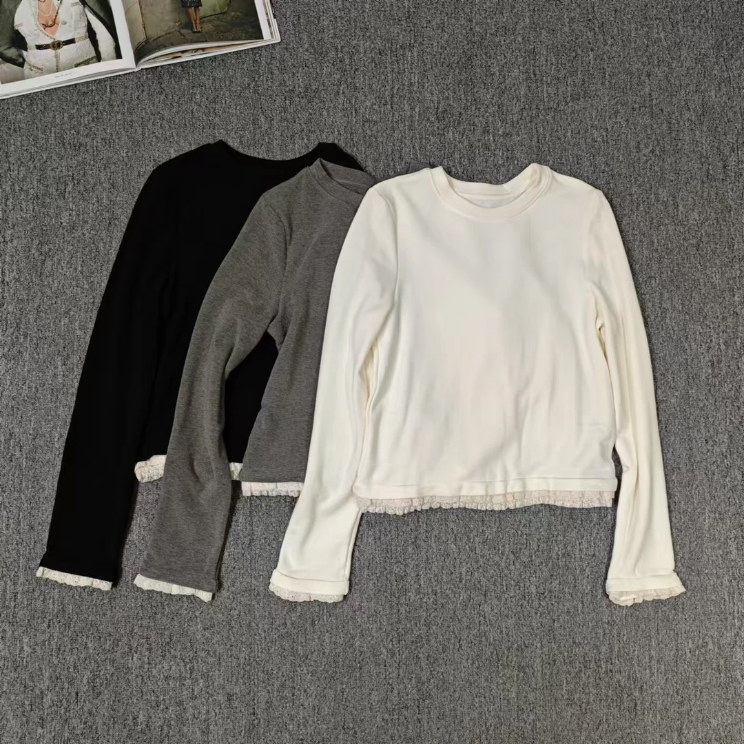 13182余小鱼 【倍好看】三色下摆蕾丝花边圆领气质百搭打底长袖女装