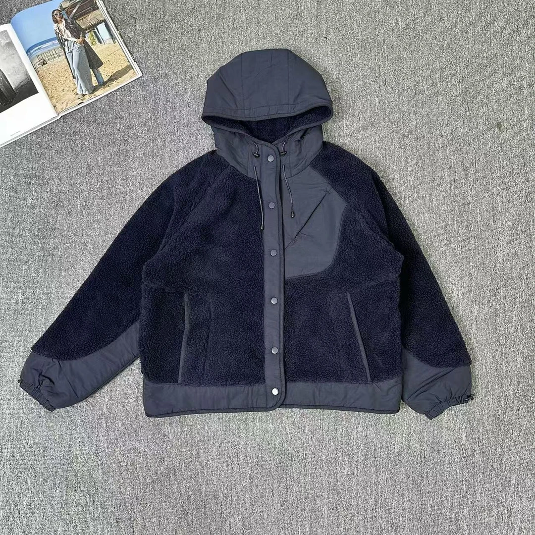 13166余小鱼 藏青色连帽拉链时尚休闲百搭秋冬毛毛外套女装