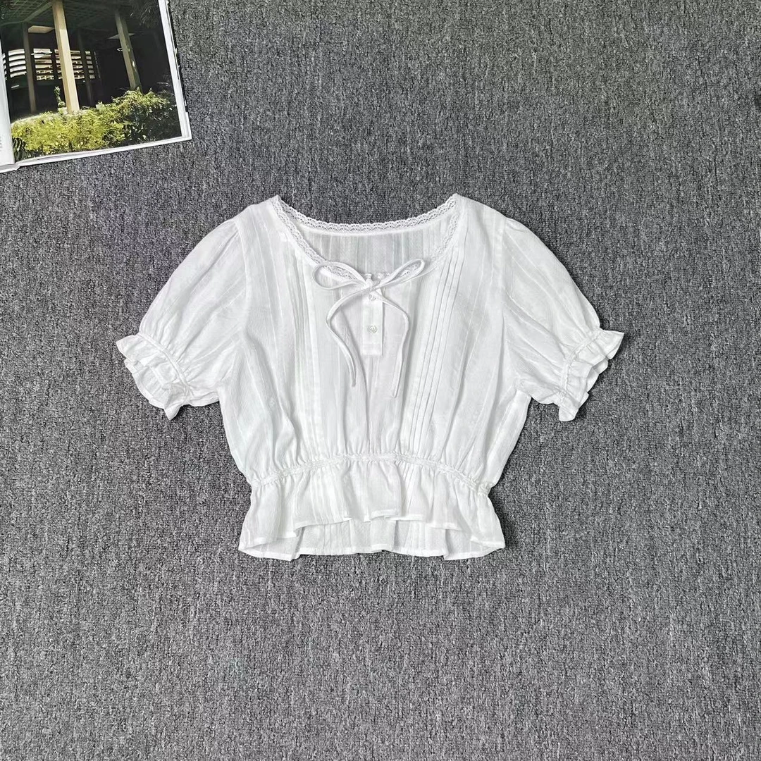 82797余小鱼 白色蕾丝花边领系带收腰娃娃衫时尚韩系百搭夏季女装
