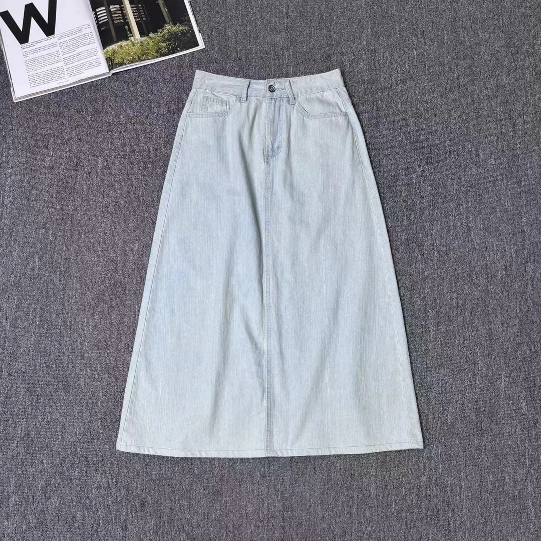 82810余小鱼 浅蓝色韩系竖线小众设计百搭不挑人牛仔半身裙女装