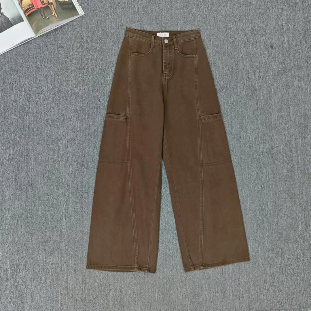 82645余小鱼 咖色侧边大口袋设计休闲百搭直筒水洗牛仔裤女装