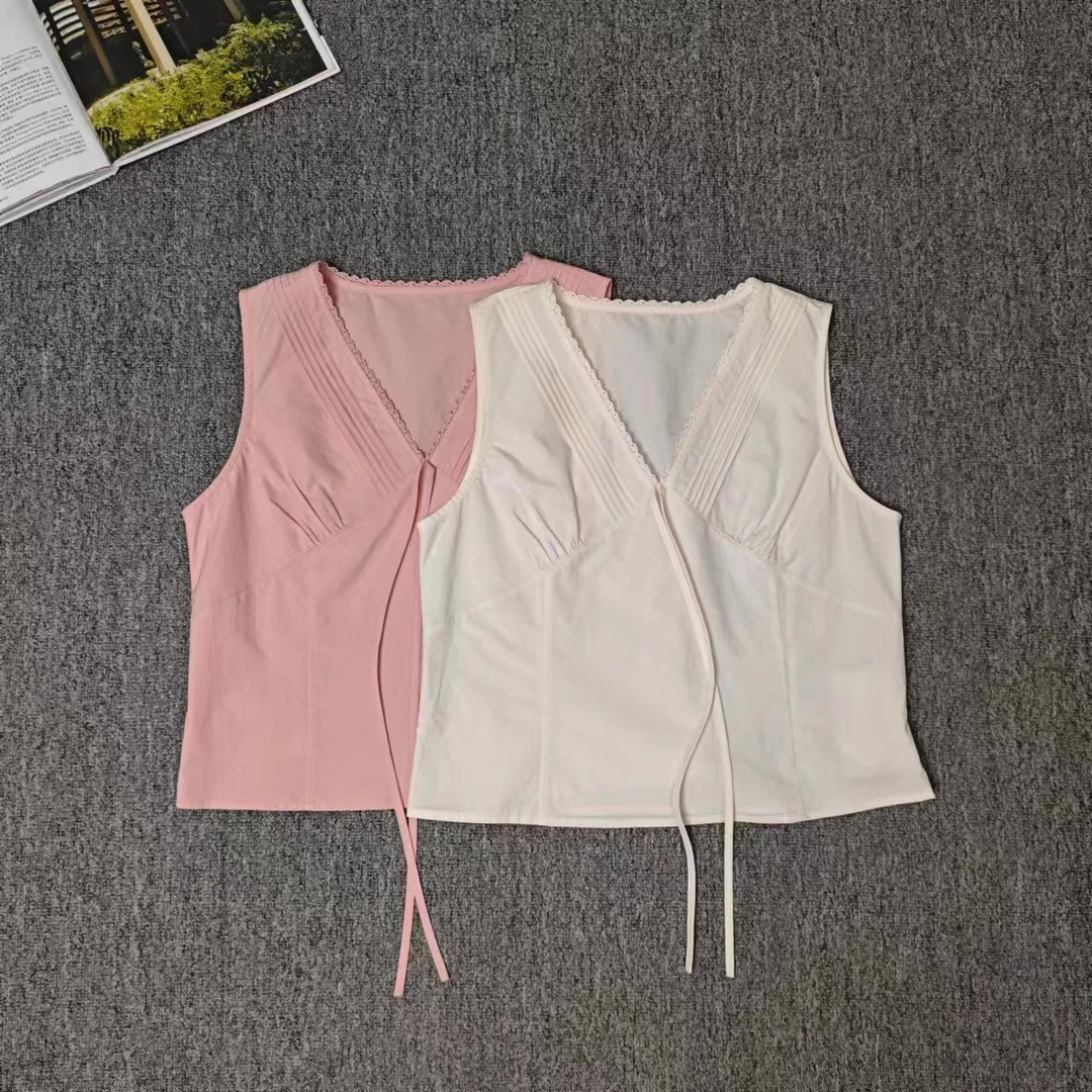 82954余小鱼 两色纯色领口花边V领系带甜美时尚夏季韩版背心女装