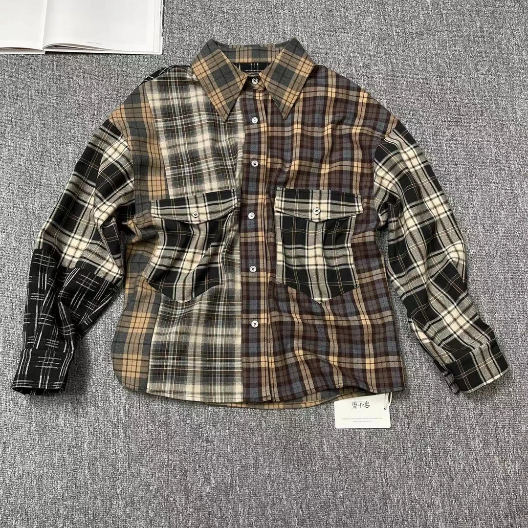 81270余小鱼 咖色拼色复古春秋休闲单排扣贴袋翻领长袖衬衫女装