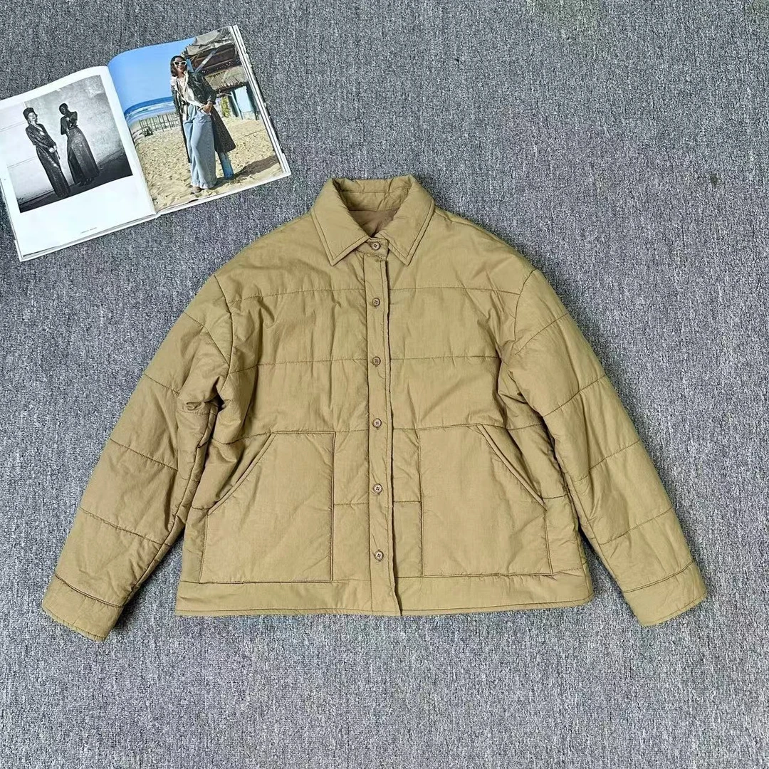 13163余小鱼 卡其色单排扣POLO领大口袋休闲复古秋冬棉服外套女装