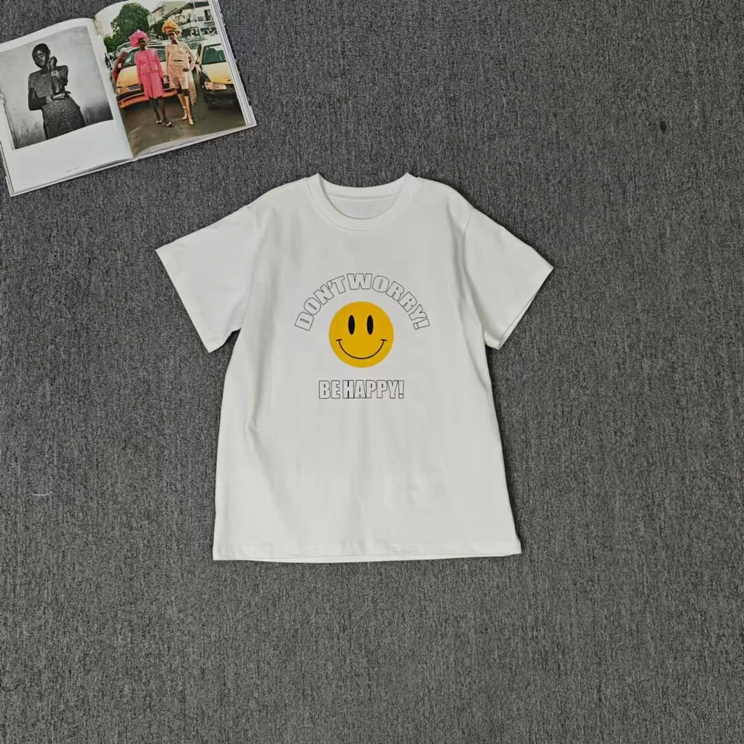 83287余小鱼 白色笑脸字母印花圆领韩版百搭休闲夏季短袖T恤女装