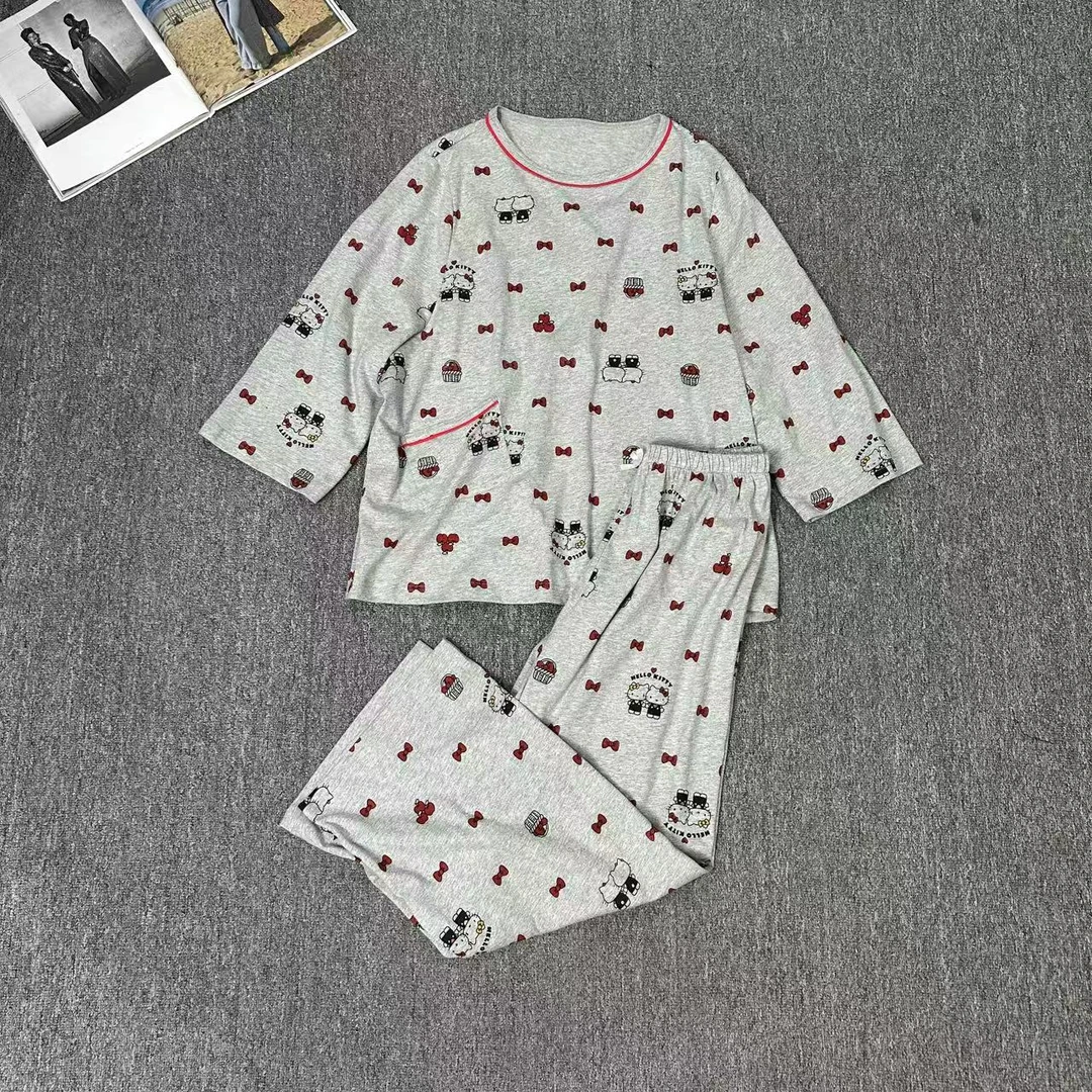 83821余小鱼 灰色猫蝴蝶结可爱上衣长裤舒适家居服睡衣套装女装
