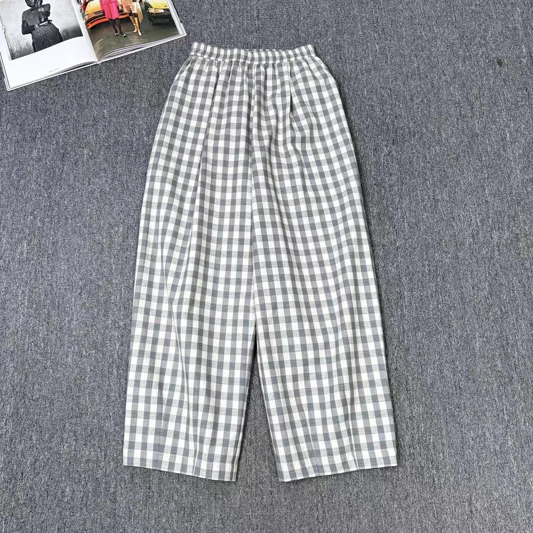 83260余小鱼 灰白格子松紧腰设计休闲韩系舒适宽松阔腿休闲裤女装