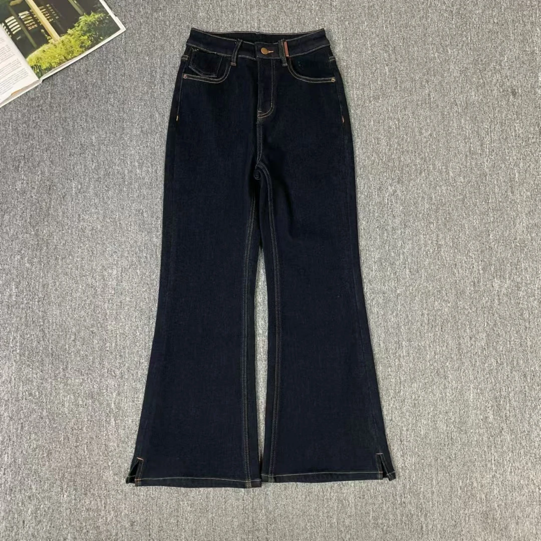 83988余小鱼 【率性丹宁】深丹宁色加绒纯色高腰休闲喇叭裤女装