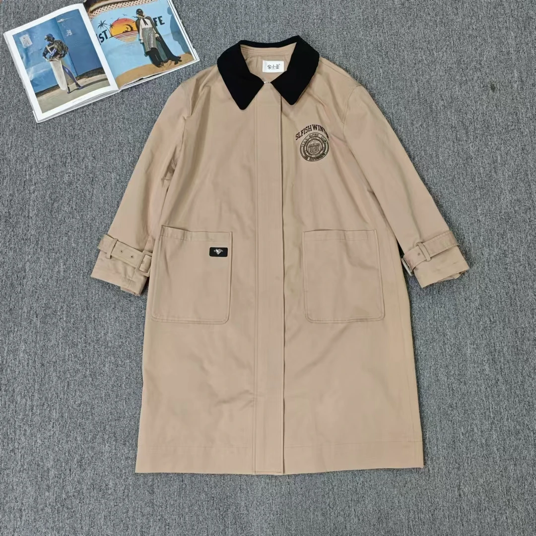 83463余小鱼 卡其色韩版口袋学院风青春风衣宽松休闲长款外套女装