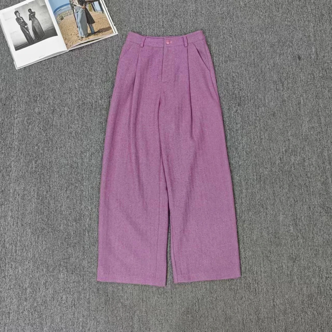 83201余小鱼 火龙果色压褶设计休闲韩系舒适百搭阔腿休闲裤女装