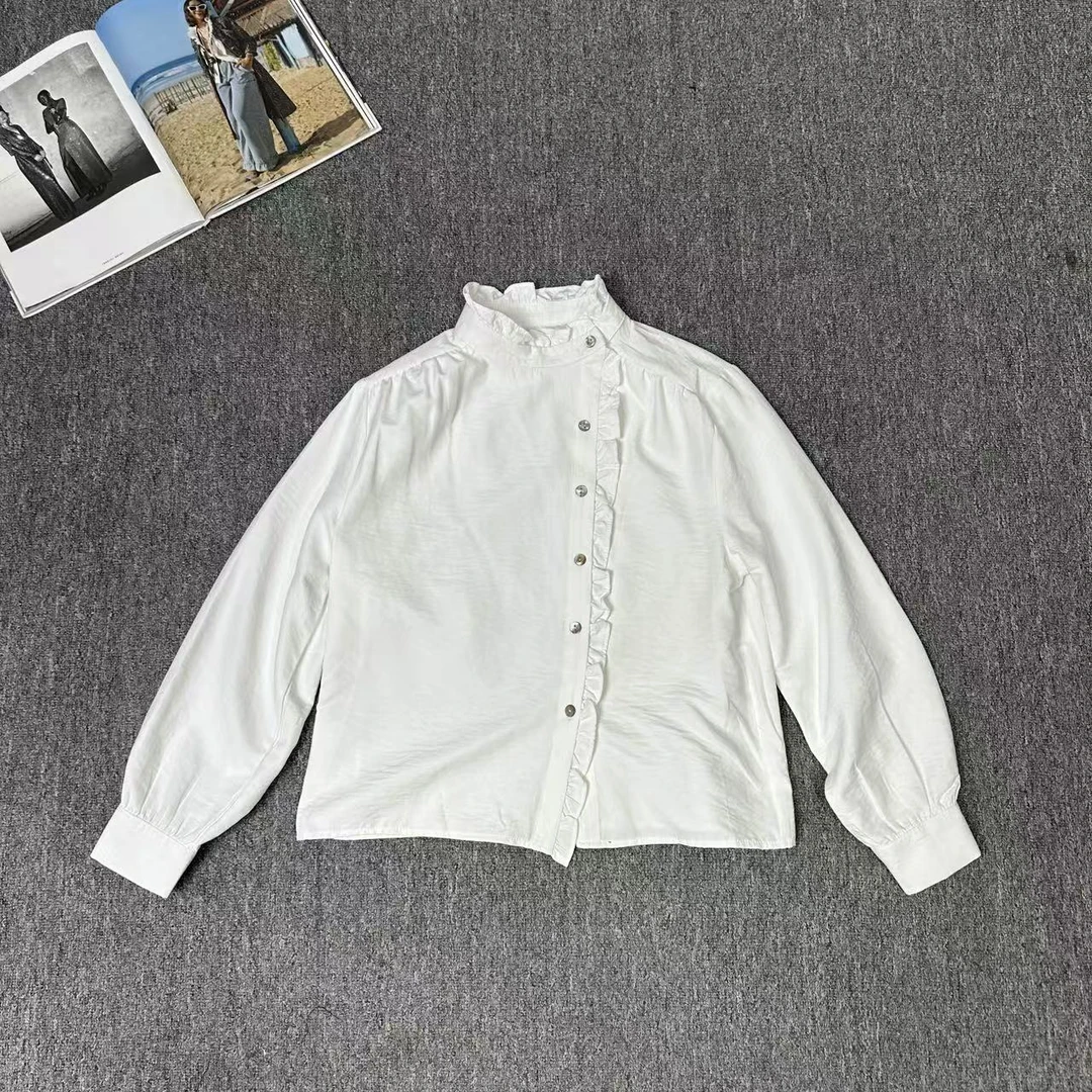 13146余小鱼 白色花边立领气质斜单排扣长袖精致甜美衬衫女装