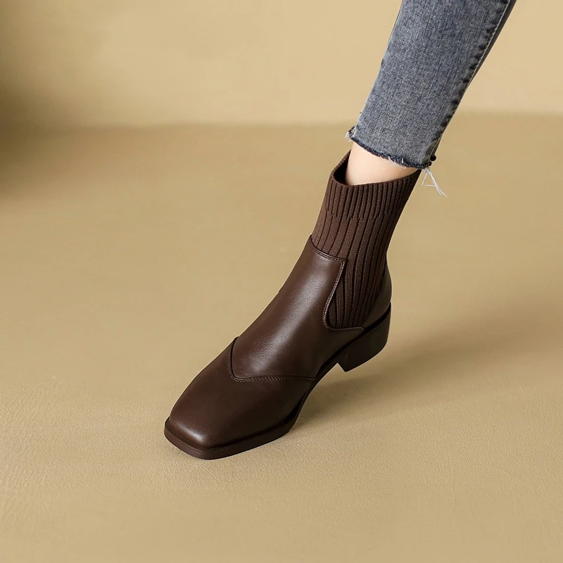 真皮短靴飞织弹力瘦瘦靴方头粗跟女靴保暖加绒鞋子学院职业百搭款