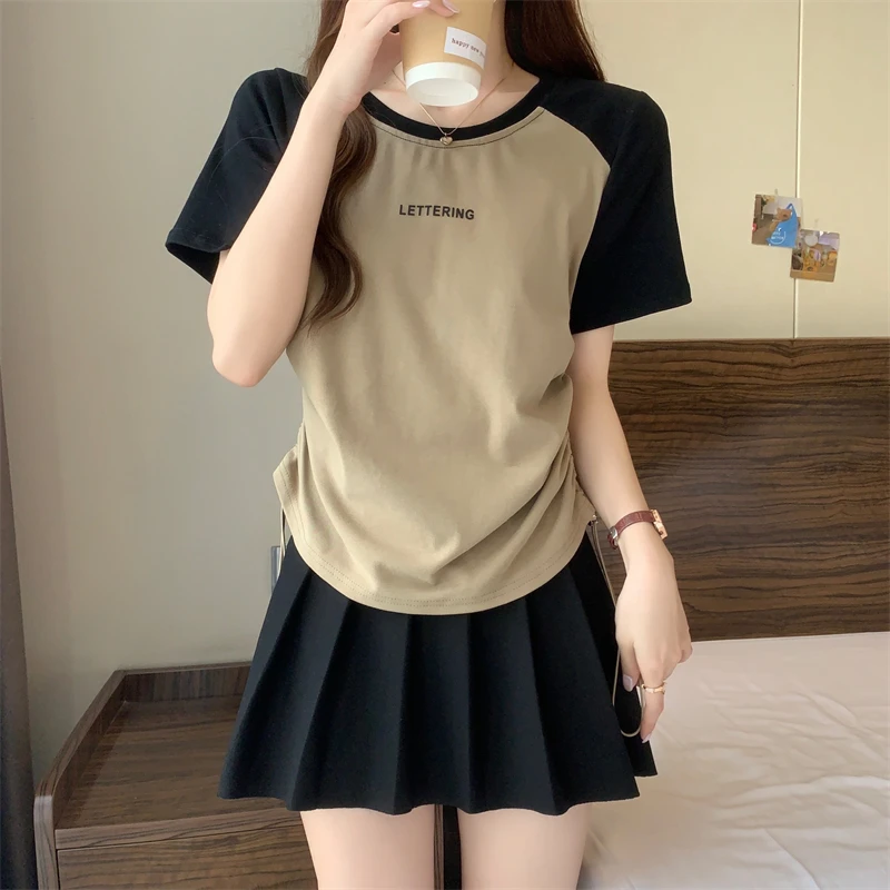 R大码正肩t恤女短袖夏季新款美式复古别致漂亮收腰抽绳短款上衣服