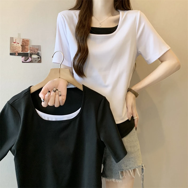 R大码假两件打底衫女夏季遮肚子显瘦胖mm宽松百搭小众短袖正肩T恤