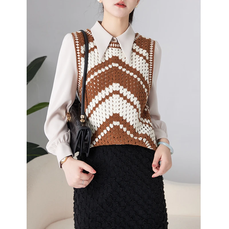 老敏哥100绵羊毛提花针织马甲女美拉德毛衣宽松无袖坎肩QW1006059