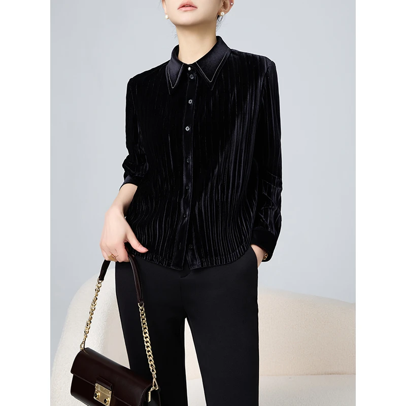 老敏哥通勤奢华重工丝绒压褶瘦瘦衬衫不用塞系列小个子 S10316599